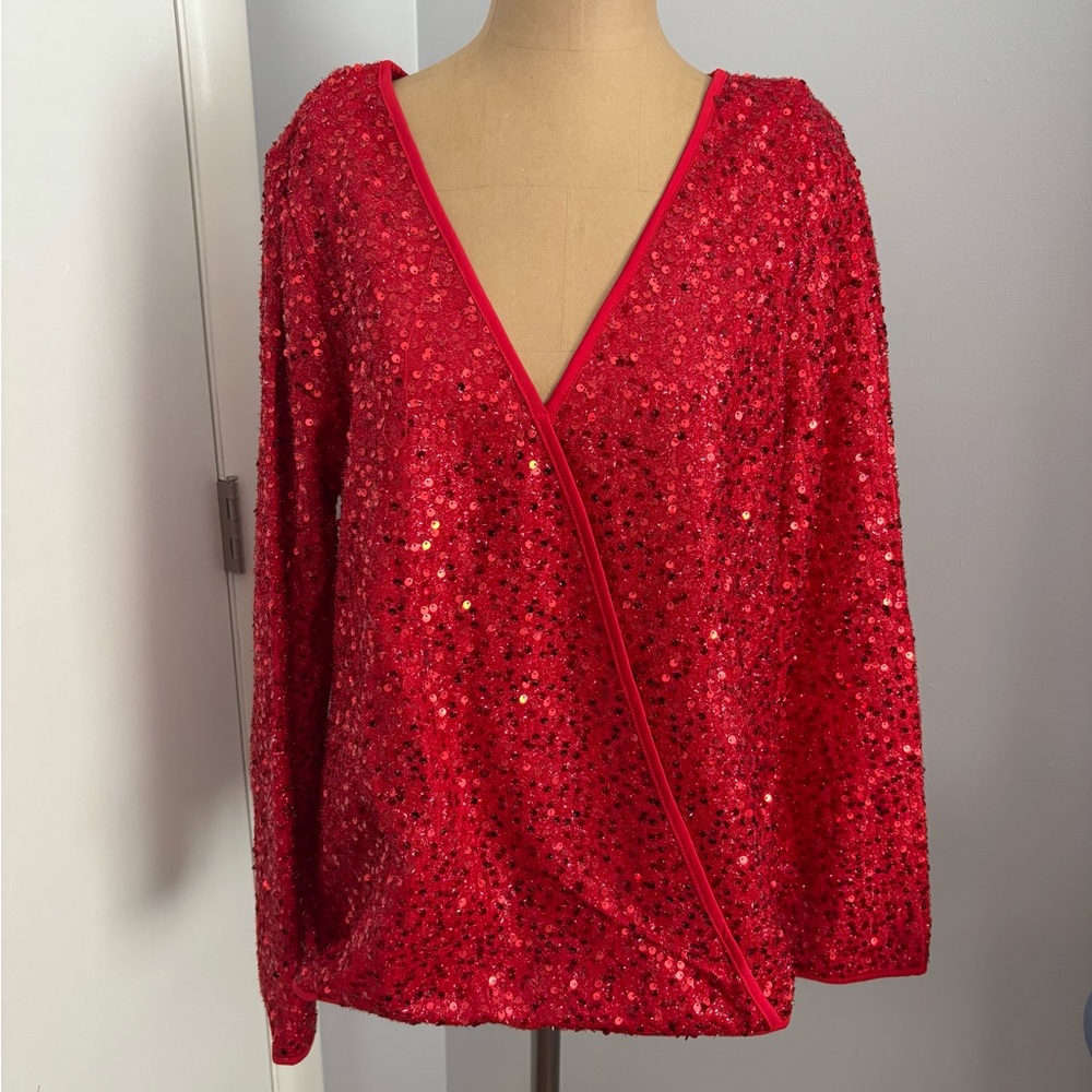 Red Sequin V-Neck Women's Top long sleeves size Large